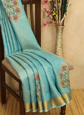 Premium Linen Tissue Saree with Intricate Floral Embroidery | Aqua Blue